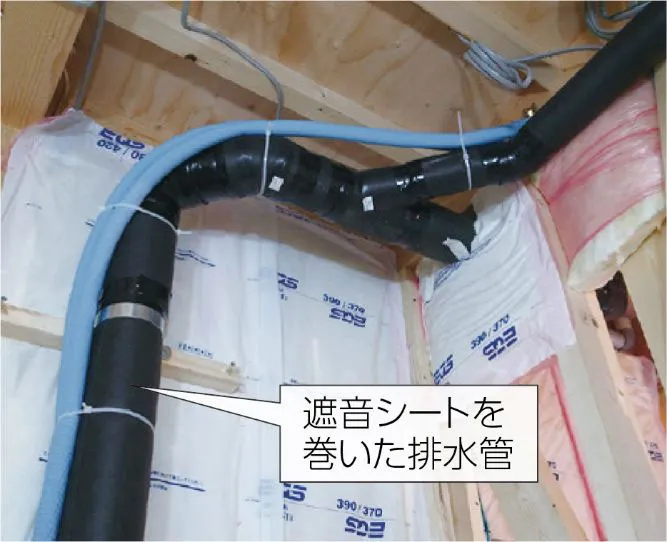 防音シートを巻いた排水管