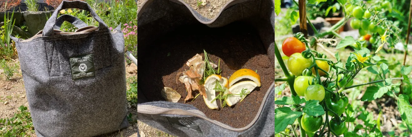 生ゴミを分解してくれるバッグ型コンポストもオフグリッドアイテムのひとつ。分解後は肥料として活用。