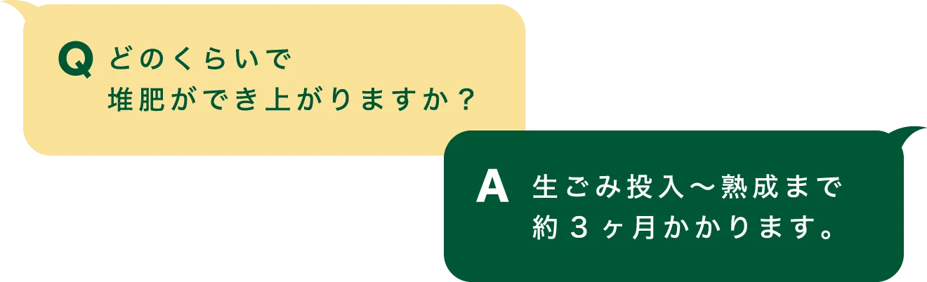 Q「どのくらいで堆肥ができ上がりますか？」｜A「生ごみ投入～熟成まで約3ヶ月かかります。」