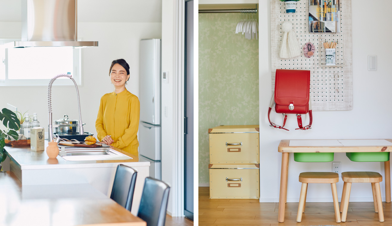 左：キッチンで笑顔のデザイナー・インテリアライター　土橋 陽子さん｜右：必要以上に「見えない」配置をされた子供の学習机