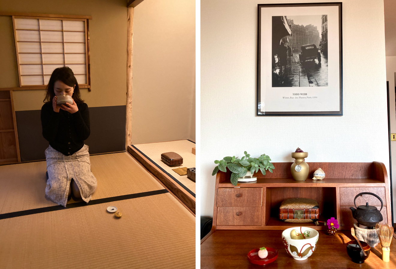 左：茶室でお茶を嗜む土橋 陽子さん｜右：茶室のインテリア