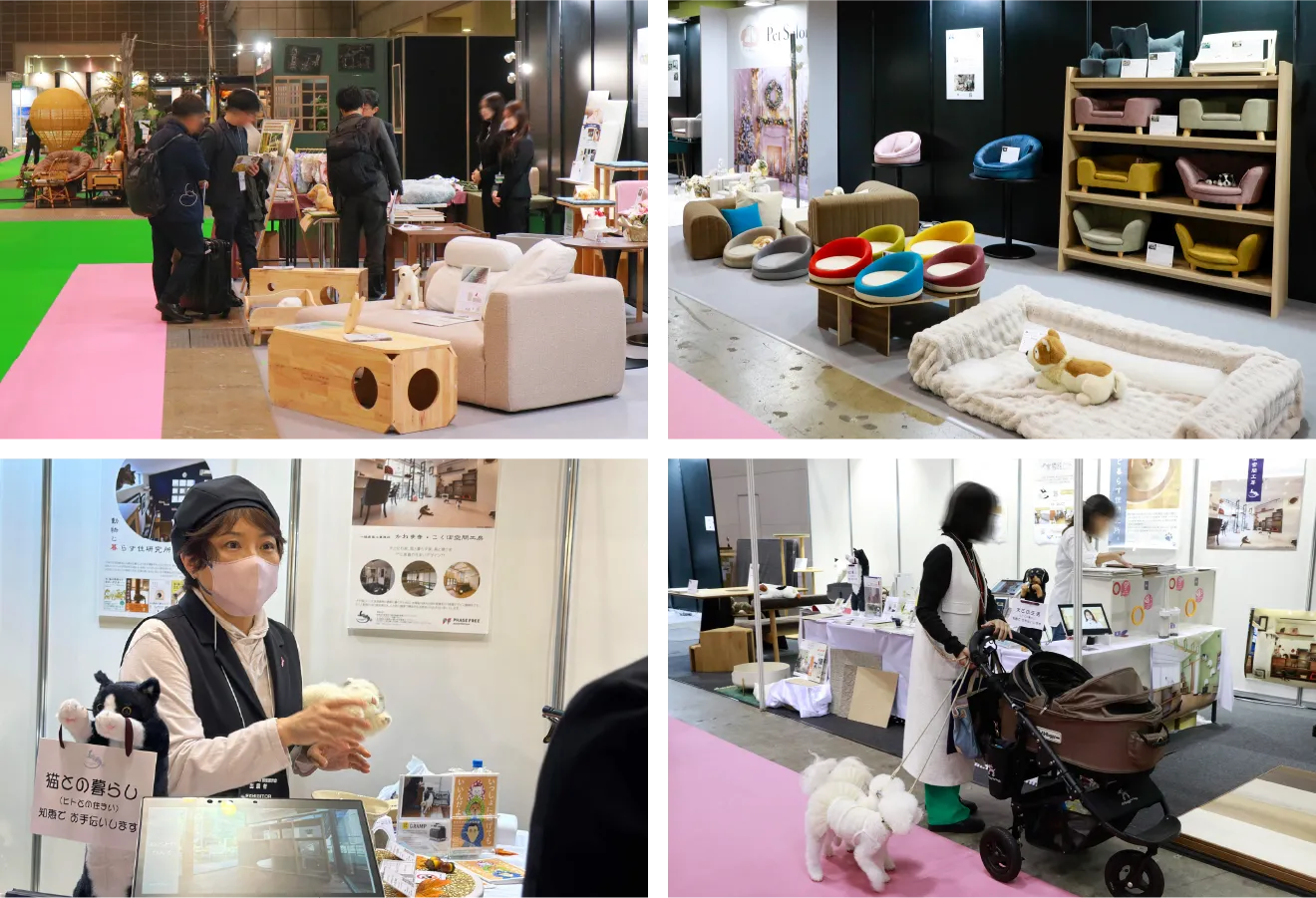ペットインテリア展の会場風景。家具やペットグッズを展示するブースと来場者
