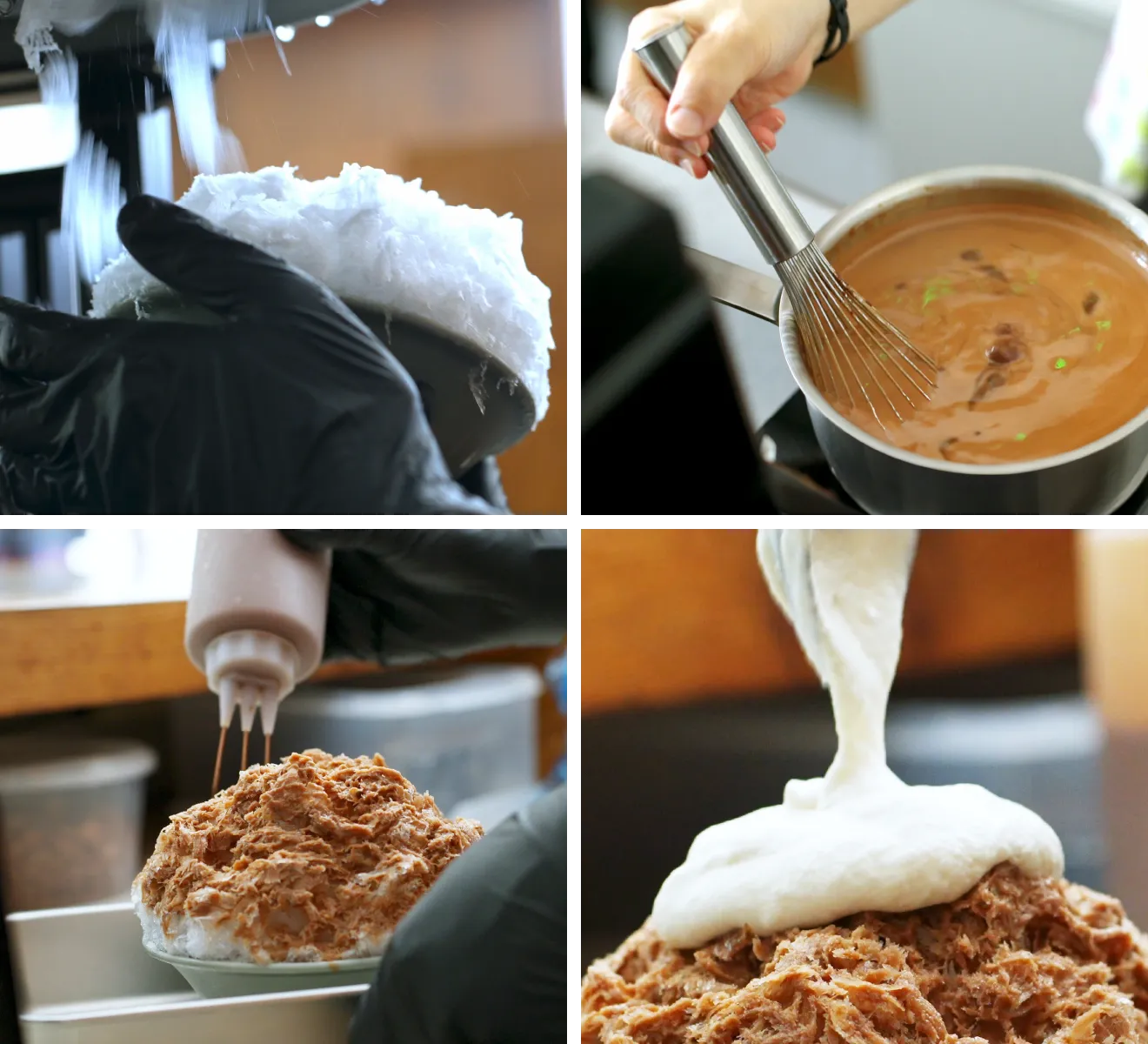 チョコレートシロップに加えて、カカオの白い果肉の部分を使った生クリームも添えられた天然氷かき氷