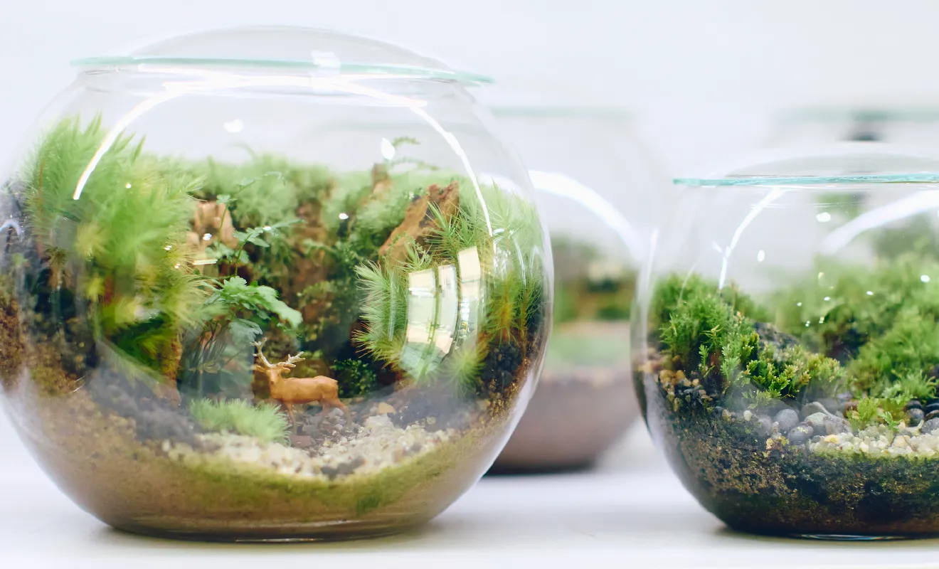 ガラスボウルの中に苔や石が入り、小さな鹿のフィギュアが佇むテラリウム