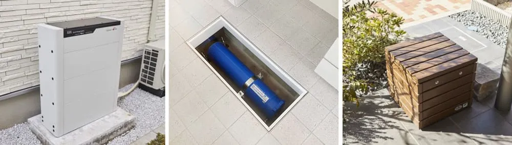 左:太陽光発電+蓄電池 | 中央:非常用貯水タンク | 右:かまどスツール